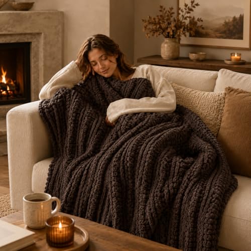 Battilo Chunky Knit Throw Blanket for Couch, Hand Made Chenille Throw Blanket, Super Soft Warm Cozy Brown Blanket for Bed, Sofa, Living Room, 50"x60" - color: Brown
