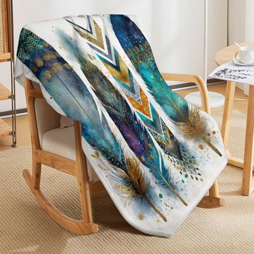 Blanket Feather Pattern Blue Throw Blanket for Women Men, 60"x80" Vintage Watercolor Gold Branch Plush Flannel Throws, Decor for Bed Couch Bedroom - color: Feather Pattern Blue, size: 60"x80"