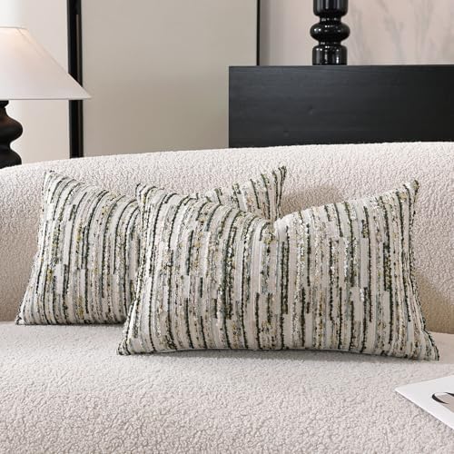 Striped Throw Pillow Covers 20x12 Set of 2 Green Textured Boucle Chic Morden Boho Accent Farmhouse Decorative Chenille Pillow Covers for Home Decor Bed Sofa Living Room - color: Green, size: 20" x 12" (Pack of 2)