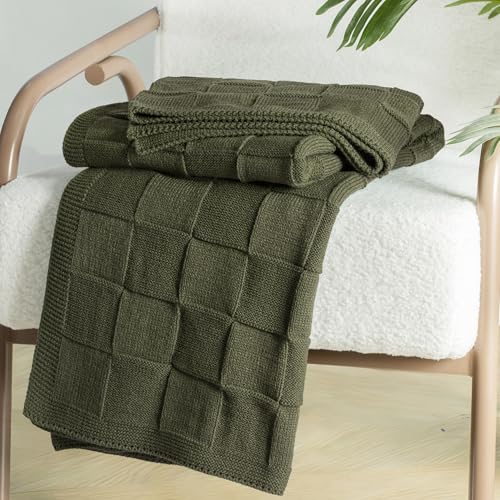 Whale Flotilla Checkered Knit Throw Blanket for Couch, Soft Decorative Knitted Blankets for Sofa Bed, Lightweight Cozy Throws for Spring Summer, 50x60 Inch, Olive - color: Olive, size: 50x60 Inch