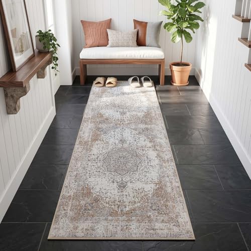 jinchan Runner Rug 2x5 Washable Hallway Rug Vintage Distressed Runner Indoor Thin Traditional Floral Mat Lightweight Non Slip Carpet for Kitchen Bathroom Laundry Room Bedroom Living Room Taupe - color: Vintage Taupe, size: 2' x 5' (Runner)