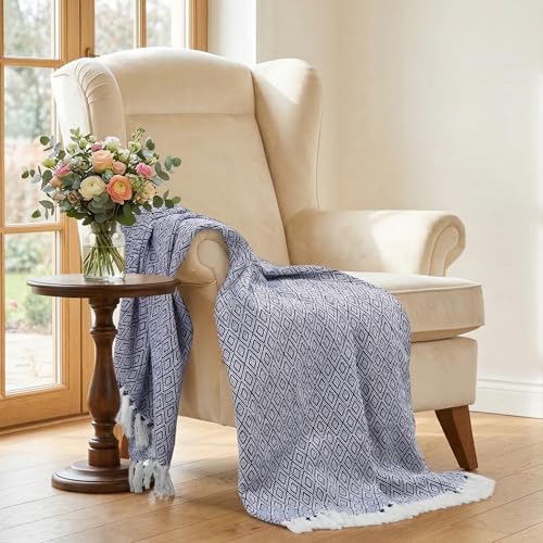 Americanflat 50x60 Throw Blanket - Soft and Breathable Cotton Throw Blanket for Couch, Bed, Chair - Decorative Blankets Perfect for Home or Outdoor Use - Navy Blue and White Double Diamond Design - color: Omala Navy and White Double Diamond