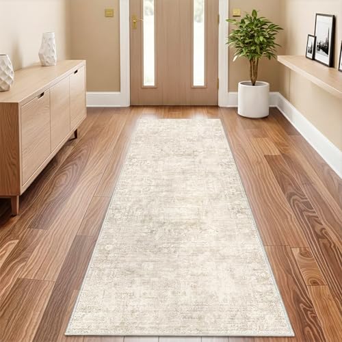 Homemate Washable Rug 2x6 Area Rugs - Vintage Faux Wool Rugs for Living Room Bedroom Dining Room - Non Slip Foldable Carpet Indoor Area Rug for Home Decor（2'x6', Beige - color: Beige, size: 2x6 ft