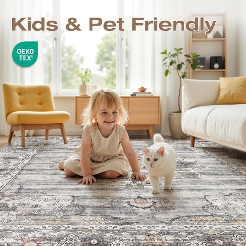 Washable 5x7 Area Rug for Living Room - Ultra Soft Vintage Carpet with Non-Slip Backing, Stain Resistant Low-Pile Indoor Rug for Bedroom & Home Office, Kid & Pet Friendly- Grey - color: Grey, size: 5' x 7' (Rectangular)