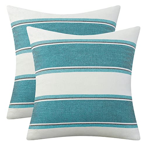 AmHoo Pack of 2 Farmhouse Linen Throw Pillow Cover Cushion Stripe Decoration Buffalo Retro Pillowcase with Hidden Zipper for Sofa Bedroom Car 22 x 22 Inch Teal - color: Teal, size: 22" x 22" (Pack of 2)