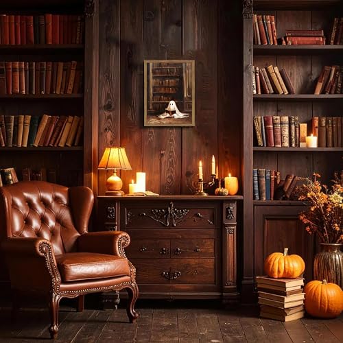 Framed Vintage Library Ghost Wall Art - Ghost Reading Canvas Print Halloween Decor, Gothic Victorian Dark Academia Halloween Wall Decor for Bedroom Office 12x16 inch Wood Frame - color: Ghost, size: 16"L x 12"W