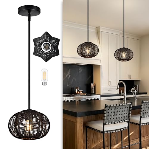 Black Mini Rattan Pendant Light Rattan Light Fixture Wicker Chandelier Woven Pendant Light Boho Chandelier for Bedroom Kitchen Island - color: 8.7" Black
