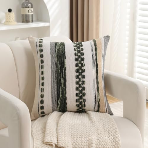 Boho Pillow Covers 18x18 Set of 2 for Couch-Modern Farmhouse Sofa Green Decorative Throw Pillow Covers Textured Chenille Cushion Covers Outdoor Netural Bohemian Bed Pillow Cases Square - color: Dark Green Stripe