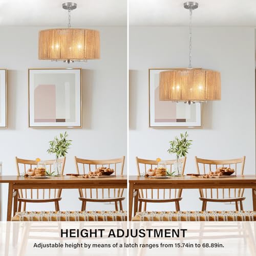 Rattan Chandelier for Dining Room, 5-Light Large Farmhouse Chandeliers Hand Woven Boho Pendant Light Fixture, 19'' Brushed Nickel Wicker Chandelier for Foyer Hallway Bedroom Kitchen Living Room - color: 5-Light Nickel