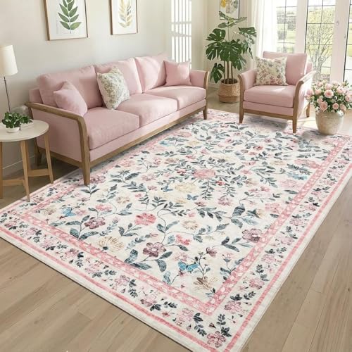 GarveeHome 5x7 Washable Non-Slip Rug, Vintage Floral Area Rug for Living Room, Low Pile Farmhouse Distressed Carpet for Nursery Playroom Dorm Teens Office, Pink - color: Pink, size: 5' x 7' (Rectangular)
