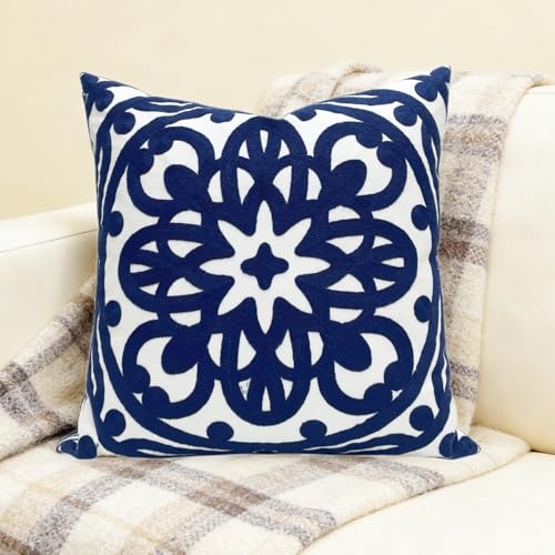 Slow Cow Canvas Embroidered Decorative Throw Pillow Cover Square 18 x18 inches Cozy Boho Mandala Chic Knit Pattern Cushion Cover for Sofa Couch Living Room Bedroom - color: Navy Petal, size: 18" x 18" (Pack of 1)