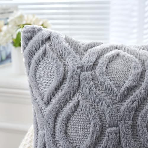MIULEE Grey Blue Throw Pillow Covers 18x18 Inch, Soft Winter Plush Faux Wool Couch Pillow Covers Set of 2 Decorative Farmhouse Boho Throw Pillows for Sofa Living Room Bed - color: Grey Blue, size: 18" x 18" (Pack of 2)