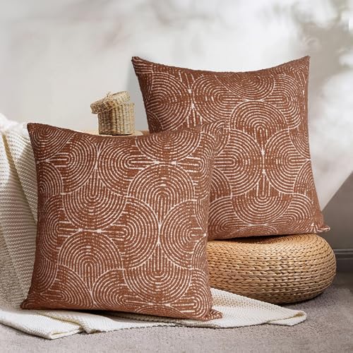 AELS Boho Decorative Textured Throw Pillow Covers 24x24, Modern Mid Century Rainbow Tufted Pillow Case, Farmhouse Rustic Geometric Woven Cushion Case for Bed Couch Sofa, Burnt Orange - color: Burnt Orange, size: 24" x 24" (Pack of 2)