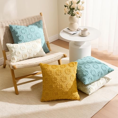 EMEMA Cream Floral Tufted Throw Pillow Covers, Set of 2 Soft Textured Decorative 12x20 Cushion Cases Bringing a Light, Cozy Layer to Sofa, Couch, Bedroom or Modern Farmhouse Living Room Décor - color: White-little Flower, size: 20" x 12" (Pack of 2)