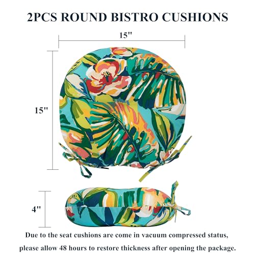 FUNHOME 15"x15"x4" Bistro Chair Cushion Set of 2, Water Repellent Round Outdoor Chair Cushions with Ties, Patio Tufted Chair Pads for Home Garden (Rosario Flower Leaf) - color: Rosario Flower Leaf