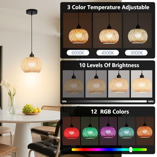 Boho Pendant Light Battery Operated,Rechargeable Woven Pendant Light with Remote,Rattan Pendant Light Fixtures for Kitchen Island,Wicker Hanging Lights for Dining Room Bedroom Hallway Entryway. - size: 7.87 in