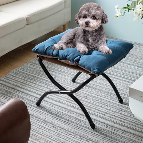 15" Folding Foot Stool for Patio, Small Accent Outdoor Ottoman, Metal Frame Foldable Foot Rest, Upholstered Morden Folding Footstool for Home Living Room Bedroom Washable Sapphire - color: Sapphire