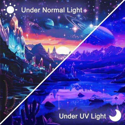CRAFTYMELODY Alien Planet Blacklight Tapestry Glow in the Dark Tapestry UV Reactive Lake Mountain Star Wall Hanging 59×51 Inch with Hook Self Adhesive Sticker Clip for Bedroom Home Wall Decoration - color: Alien Landscape