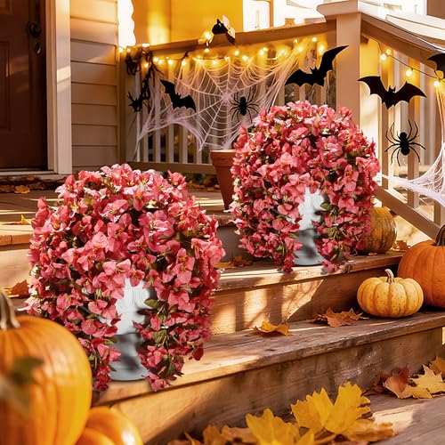 Bougainvillea Artificial Flowers Fake Plants for Outdoors Winter Decoration, 2 pcs Faux Long Trailing Vines UV Resistant Look Real Red Silk Flowers for Outside Planter Front Door Porch Urn Yard Patio - color: Fall Red