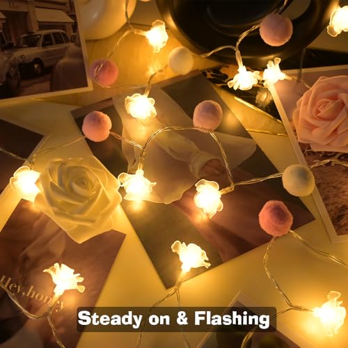 ChiRee 9.85Ft String Lights 20 Cute Pink Pompoms 20 LEDs Rose Fairy Lights Garland Battey Operated with Timer Flower Lights for Bedroom Kids Room Party Birthday Wedding Valentines Decorations - style: Pink-Rose