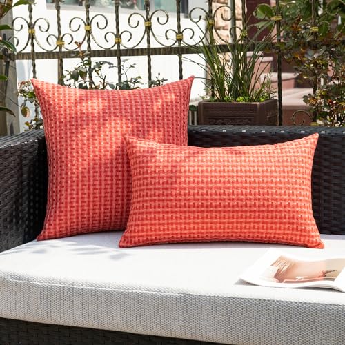 Kevin Textile Valentines Outdoor Waterproof Throw Pillow Covers Pack of 2 Weaving Texture Water Resistant Outside Decorative Cushion Covers for Garden Tent Balcony Bench Couch Sofa 16x16 Inch, Red - color: Red, size: 16" x 16" (Pack of 2)