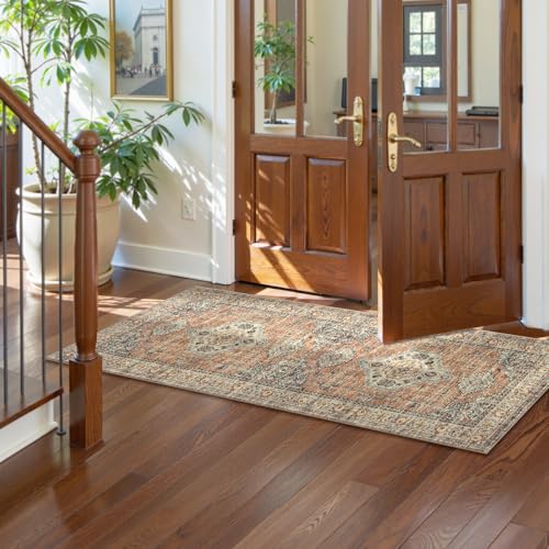 Lahome Oriental Washable Rug Runners for Hallways, 2x5 Kitchen Runner Rug Non Slip with Rubber Backing Ultra-Thin Vintage Carpet for Bedroom Bathroom Eleanor, Peach/Orange - color: Terracotta, size: 2' x 5' (Runner)