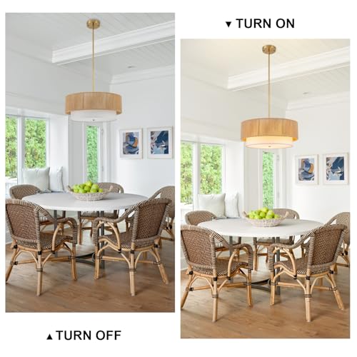 SineRise 18'' Farmhouse Rattan Chandeliers for Dining Room,3-Light Boho Light Fixtures Rattan Pendant Light Fixture with Fabric Shade Drum Chandeliers for Bedroom Dining Room Foyer Kitchen Hallway - color: Gold, size: 18 inch Drum