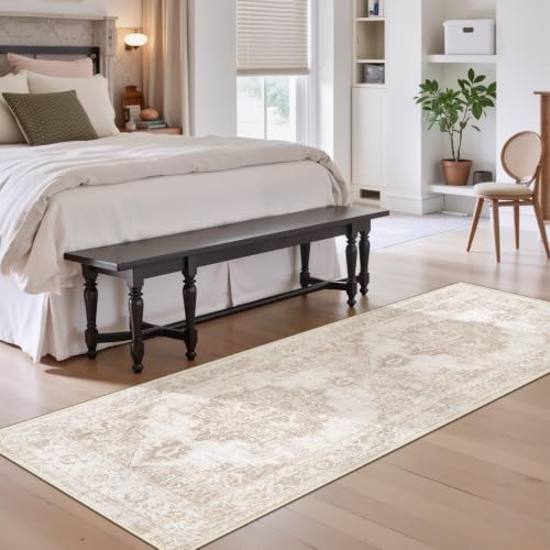 Area Rug 2x7 Runner Rugs: Washable Vintage Hallway Rug Indoor Medallion Rugs Low Pile Distressed Floor Carpet Retro Accent Rug for Kitchen Bedroom Bathroom Dining Room(Beige, 2'x7') - color: Beige, size: 2' x 7' (Rectangular)