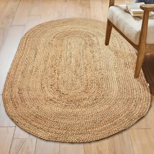 Chardin home Hand Woven Natural Jute Braided Area Rug – 4x6 Feet Oval | Vintage Boho Reversible Rug for Living Room, Bedroom, Dining Area, Entryway | Farmhouse Natural Fiber Floor Covering - size: 4' x 6' (Oval)