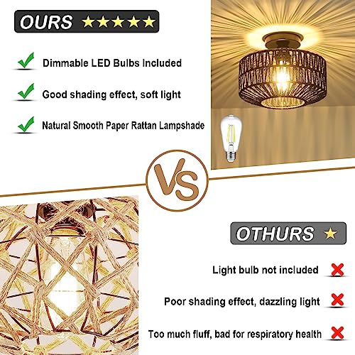Rattan Light Fixtures Ceiling Mount,Boho Ceiling Light Fixture with Dimmable LED Bulb，Mini Hand Woven Rattan Chandelier Light Fixtures Ceiling for Bedroom Kitchen Entryway Living Room Hallway（Black） - color: Black