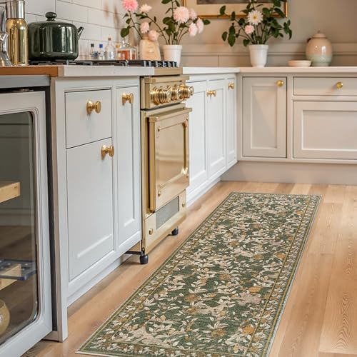 jinchan Eden Floral Washable Runner Rug 2x6 Vintage Hallway Rug Non-Slip Lightweight Soft Thin Kitchen Low Pile Distressed Orange Green Carpet for Bathroom Laundry Room Bedroom Entryway - color: Eden Green, size: 2' x 6' (Runner)