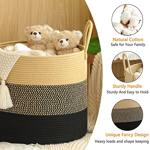 KAKAMAY Large Blanket Basket (18"x18"x16"),Woven Baby Laundry Hamper for Storage, Cotton Rope Blankets Baskets for Nursery, Laundry, Living Room, Pillows, Baby Toy Chest with Handles (Black) - color: Black