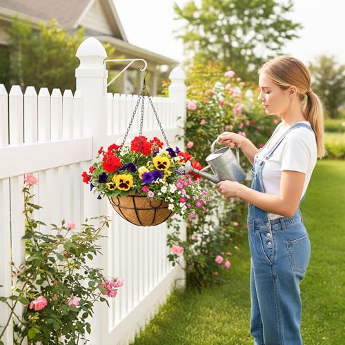 2 Pack 12 Inch Outdoor Plant Hanging Basket Round Metal Hanging Planter with Coco Coir Liner Black Metal Chain for Indoor Plants Baskets Railing Flower Pots Home Decor Flowers - color: Circular