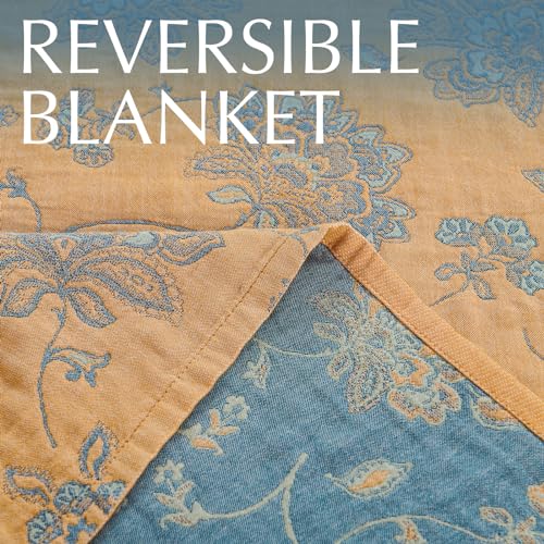jinchan Boho 100% Cotton Muslin Queen Size 80x90 Inches Blanket Lightweight 4-Layer Quilted Soft Yellow and Blue Floral Throw Blanket Reversible Comfy Flower Rustic All Seasons Couch Bedroom Decor - color: Floral Yellow Blue, size: 80"x90"