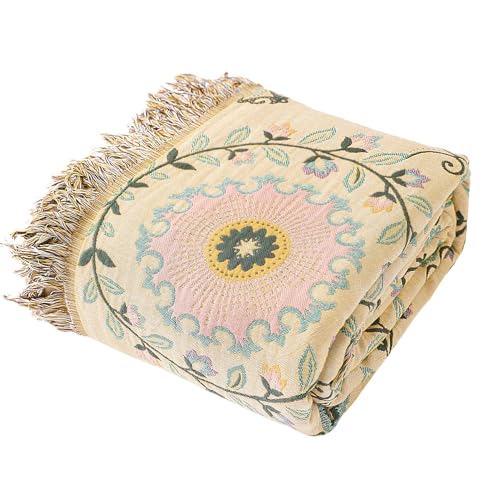 Snycler Boho Throw Blanket 60"x80" - 100% Cotton Ultra Soft Rustic Quilt, Green Floral Printed Farmhouse Decor for Bed, Sofa, Couch, Chair - All Season Cozy Blanket - color: Boho Floral Green, size: 60"x80"