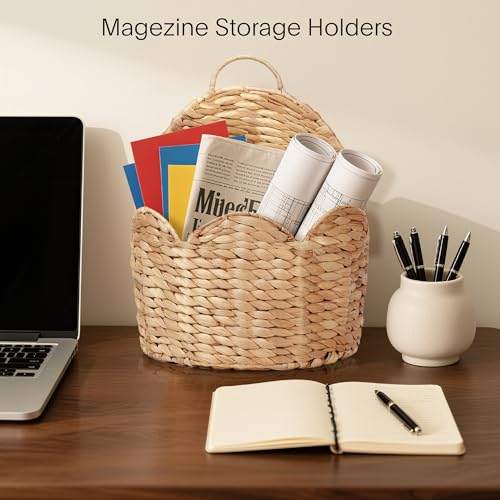2 PC Door Basket Scalloped Hanging Storage Basket,Water Hyacinth Woven Wall Baskets for Front Door Decor, Hangable Storage Organize for Flowers,Planter,Mails,Wicker Baskets for Organizing Garden - L*2 - size: Large *2