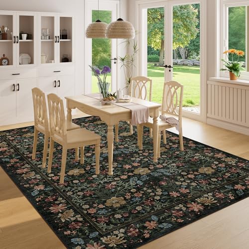 DUKINO 6x9 Rugs for Living Room, Vintage Washable Rug with Non Slip Backing, Floral Low Pile & Non-Shedding Large Area Carpets for Bedroom, Dining Room, Farmhouse, Home Office, Black - color: Black, size: 6' x 9' (Rectangular)