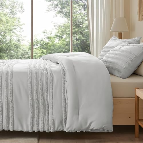 BEDELITE Boho Comforter Set Queen Size, Light Grey Tufted Striped Bed Set 3 Pieces, Soft Vintage Farmhouse Comforter for All Seasons, Boho Home Decor,Fluffy Jacquard Bedding with 2 Pillow Shams - color: Light Grey, size: Queen