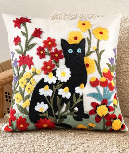 Embroidered Throw Pillow Cover - 18x18 Decorative Pillow Cover with Zipper Aesthetic Cute Design Boho Spring Summer Throw Pillowcase for Living Room Couch Sofa Bed, Flower Cats - color: Flower Cats, size: 18" x 18" (Pack of 1)