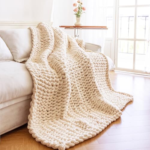 Chunky Knit Blanket - Luxury Soft Cozy 80 * 90 Throw Blanket,100% Woven Blanket Rope Knot Throw Blanket for Couch, Sofa, Home Decor, Gift - Machine Washable (Cream, 80 * 90) - color: Cream, size: 80*90