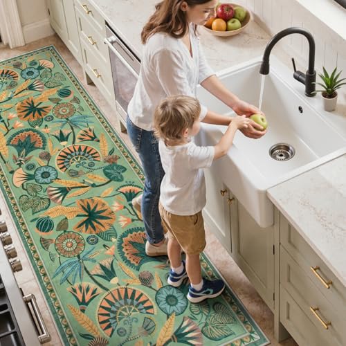 Zealude Floral Kitchen Rugs, 2.5X8 Green Runner Rug for Hallway, Non Slip Rugs for Entryway, Washable Carpet Runner with Rubber Backing, Vintage Rug for Bathroom Bedroom Indoor - color: Sage Green, size: 2'6'' x 8'(Runner)