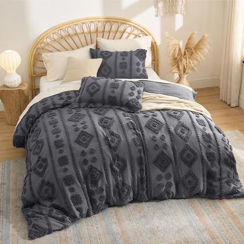 Bedsure Boho Tufted Grey Comforter Set Queen Size, GentleSoft™ 3 Pieces Boho Farmhouse-Style Decor Bedding, Exquisite Bedding for All Seasons, 1 Bed Comforter, 2 Pillow Shams, 90x90 Inches - color: 03 - Distressed Vintage Dark Grey, size: Queen (90" x 90"