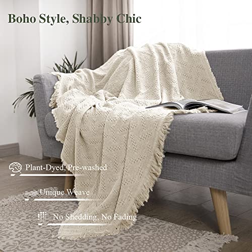 Simple&Opulence 100% Cotton Throw Blanket for Bed, Couch, Boho Luxury Geometric Knit Woven Blanket with Tassels Soft Lightweight Cozy Breathable, Vintage Farmhouse Decoration for All-Season(White) - color: White