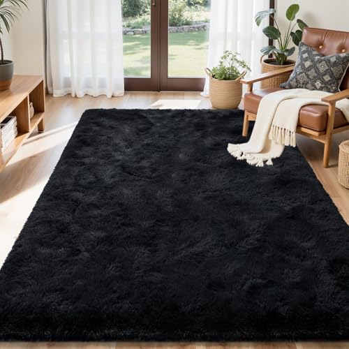 Black Rugs for Bedroom Fluffy 3x5 ft Living Room Rug Non-Slip Area Rugs Shag Carpet for Nursery Kids PlayRoom Dorm Office Indoor Modern Plush Carpets Boys - color: A-black, size: 3' X 5' (Rectangular)