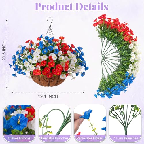 Ammyoo Artificial Fake Hanging Flowers with Basket for Outdoors, Faux Petunias Flowers Fake Hanging Plants with Eucalyptus Realistic UV Resistant for Outside Patio Garden Porch Balcony Yard Decor - color: Red Blue White