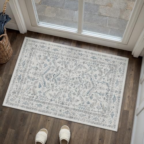 PureCozy Blue 2x3 Entryway Rug Vintage Area Carpet Indoor Kitchen Washable Door Mat Entrance Small Low Pile Traditional Distressed Retro Accent Throw Rug Non Slip Office Bathroom - color: Neutral Blue, size: 2' x 3' (Rectangular)