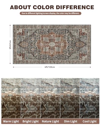 Roxstand Washable Runner Rug 2x4 - Vintage Non-Slip Small Area Rugs for Entryway, Low-Pile Stain Resistant Indoor Rug for Laundry Room Kitchen Bathroom Dining Room (Grey/Brown/Tan) - color: Grey/Brown/Tan, size: 2'x4'