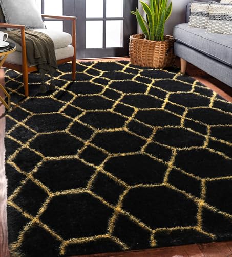 ONASAR Area Rugs for Bedroom Living Room, 4x6 Fluffy Black and Gold Throw Rug, Shaggy Geometric Floor Mat for Home Decor, Soft Plush Carpet for Kids Teen Playroom Dorm Classroom Office - color: 2- Black / Gold, size: 4' x 6' (Rectangular)