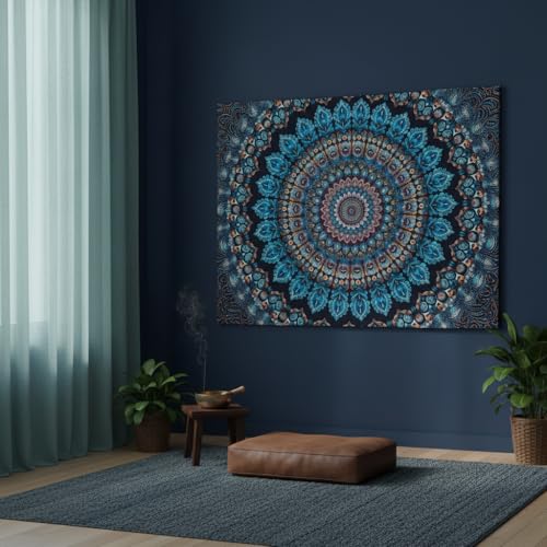 Motanber Blue Mandala Tapestry Wall Hanging Vintage Medallion Tapestry Aesthetic Hippie Boho Floral Cool Cute Small Tapestries for Bedroom Living Room Dorm Decor 48 x 36 Inch - color: Navy Blue, size: 48"L x 36"W
