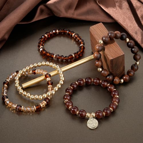 Bohemian Natural Stone Beaded Bracelets for Women Men Stackable Stretch Beads Bracelet Set with Charm and Tassel Multilayered Elastic Gemstone Bracelets Summer Beach Boho Jewelry Gift for Women - color: brown